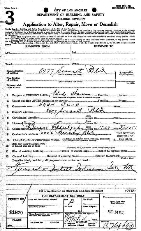 1933 8 14 Clover Club 8477 Sunset Blvd Hahn CLub 8-14-1933