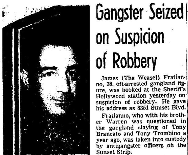 Jimmy the Weasil after his arrest at 8351 Sunset. Los Angeles Times 8-29-1952.