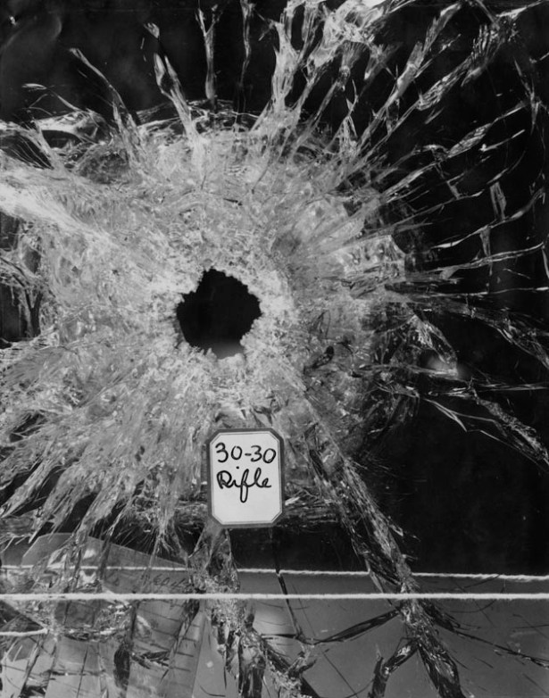 Buletproof glass from Mike Pupillo and Vito Ardito's automobile, tested at the Augie Palumbo murder trial, 7-27-1927. LAPL.