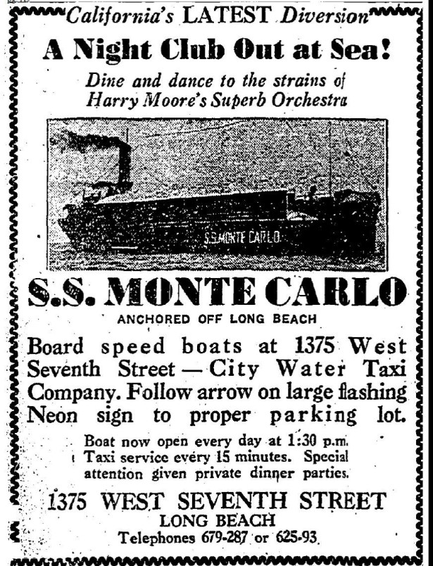 July 1932 ad for the S.S. Monte Cgambling shiparlo. 
