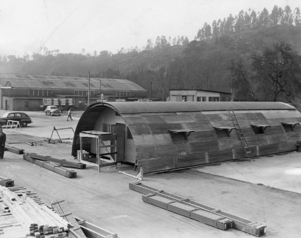 A sample hut nearing completion, Rodger Young Village 1946. LAPL.