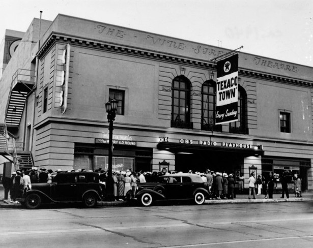 The CBS Radio Playhouse (originally Vine Street Theater) during a broadcast of “Texaco Town,” c. 1937. Frank Kerwin’s Merry-Go-Round can be seen on the ground floor.